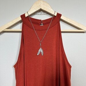 Romper Size Small Autumn Orange Smocked Waist & Feather Necklace Outfit